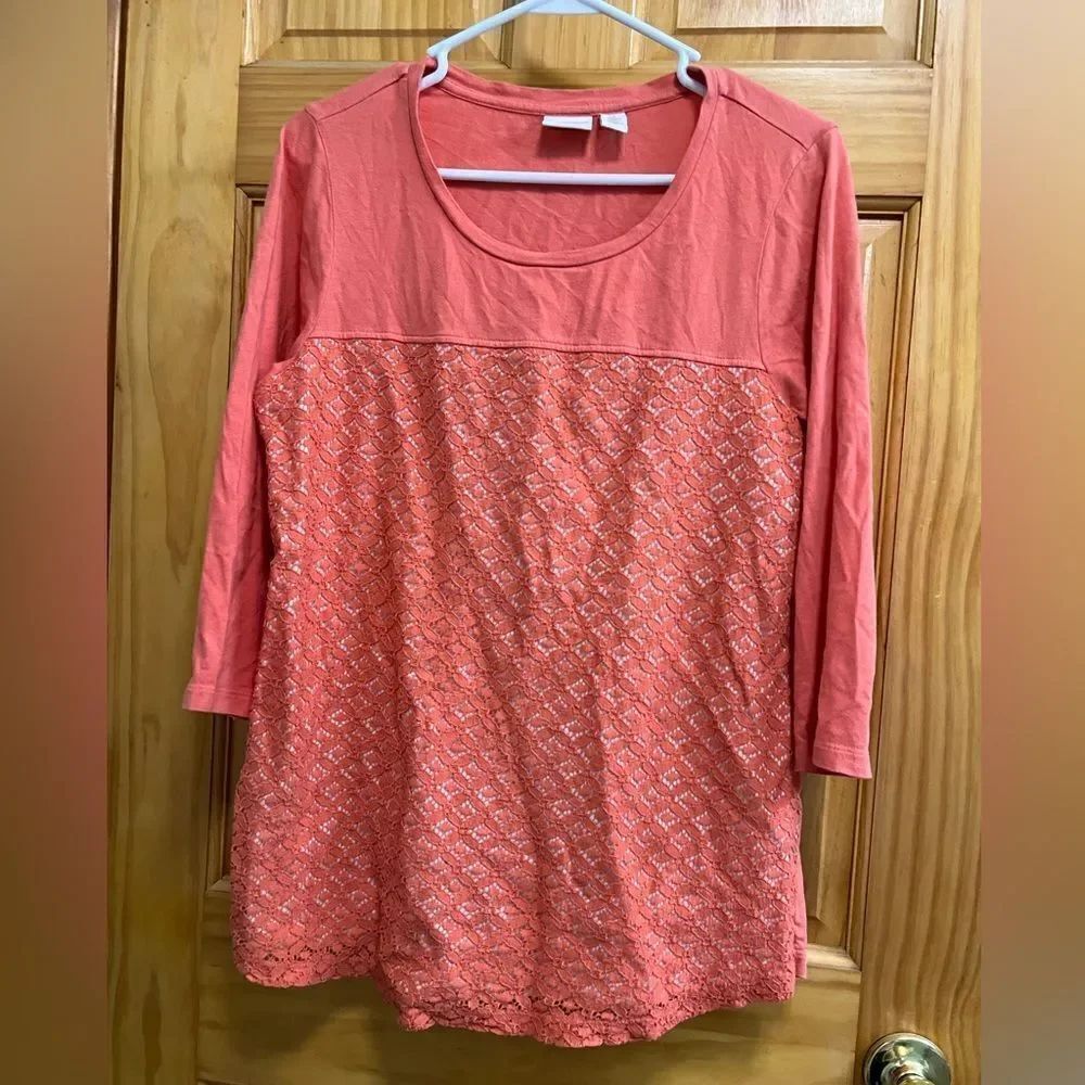 Orange laser cut size 1 Chico’s 3/4 sleeve blouse